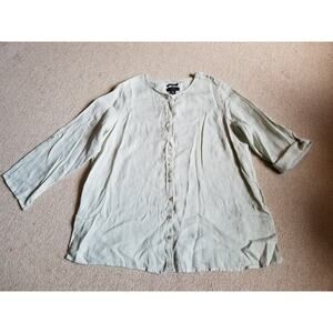 Womens Top-TAHARI-lt green linen button-up tunic Beachy Coastal Resort BOHO-2X